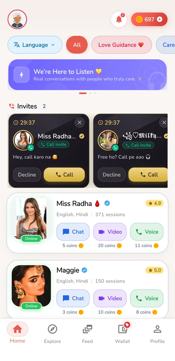 Frenly home screen with online listeners and chat, video and voice call options